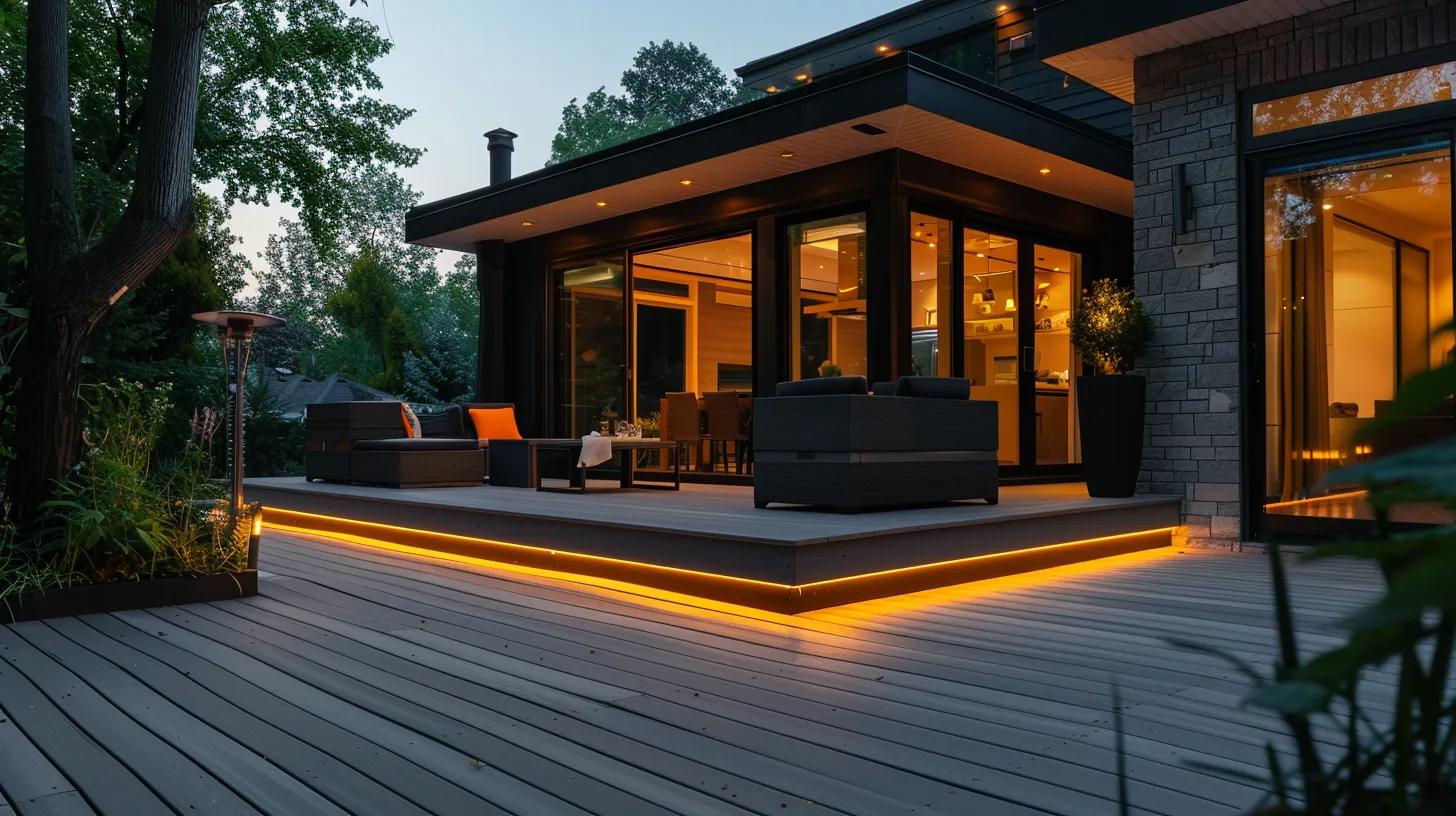 a contemporary deck adorned with sleek multi-functional furniture, warm solar-powered lighting, and elegant weather-resistant decor, showcasing a sophisticated transformation that blends seamlessly with modern architectural elements. a contemporary deck adorned with sleek multi-functional furniture, warm solar-powered lighting, and elegant weather-resistant decor, showcasing a sophisticated transformation that blends seamlessly with modern architectural elements.