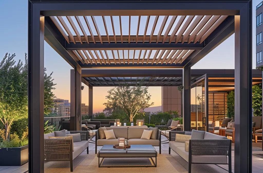 a modern outdoor patio showcases a sleek, stylish pergola with geometric lines, elegantly framed by vibrant lounge furniture and sophisticated lighting against a chic urban backdrop.