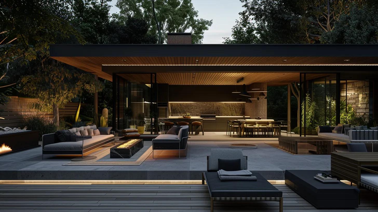 an elegant modern deck showcases strategically placed seating for social gatherings under a sleek weather-proof canopy, distinctly zoned for dining and lounging, complete with stylish built-in storage solutions and low-maintenance decor, all bathed in soft, ambient lighting for a welcoming atmosphere. an elegant modern deck showcases strategically placed seating for social gatherings under a sleek weather-proof canopy, distinctly zoned for dining and lounging, complete with stylish built-in storage solutions and low-maintenance decor, all bathed in soft, ambient lighting for a welcoming atmosphere.