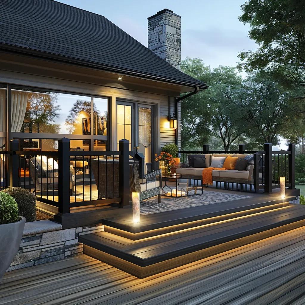 Arrangement of Deckorators deck components including fascia, railing, and lighting in a cohesive outdoor setting