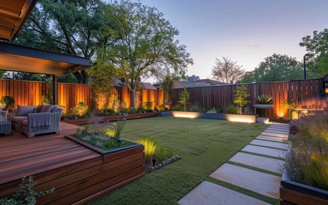 a contemporary urban backyard showcases an array of innovative residential fencing designs, featuring sleek metal, elegant wood finishes, and modern privacy solutions, all illuminated by soft ambient lighting under a clear evening sky.
