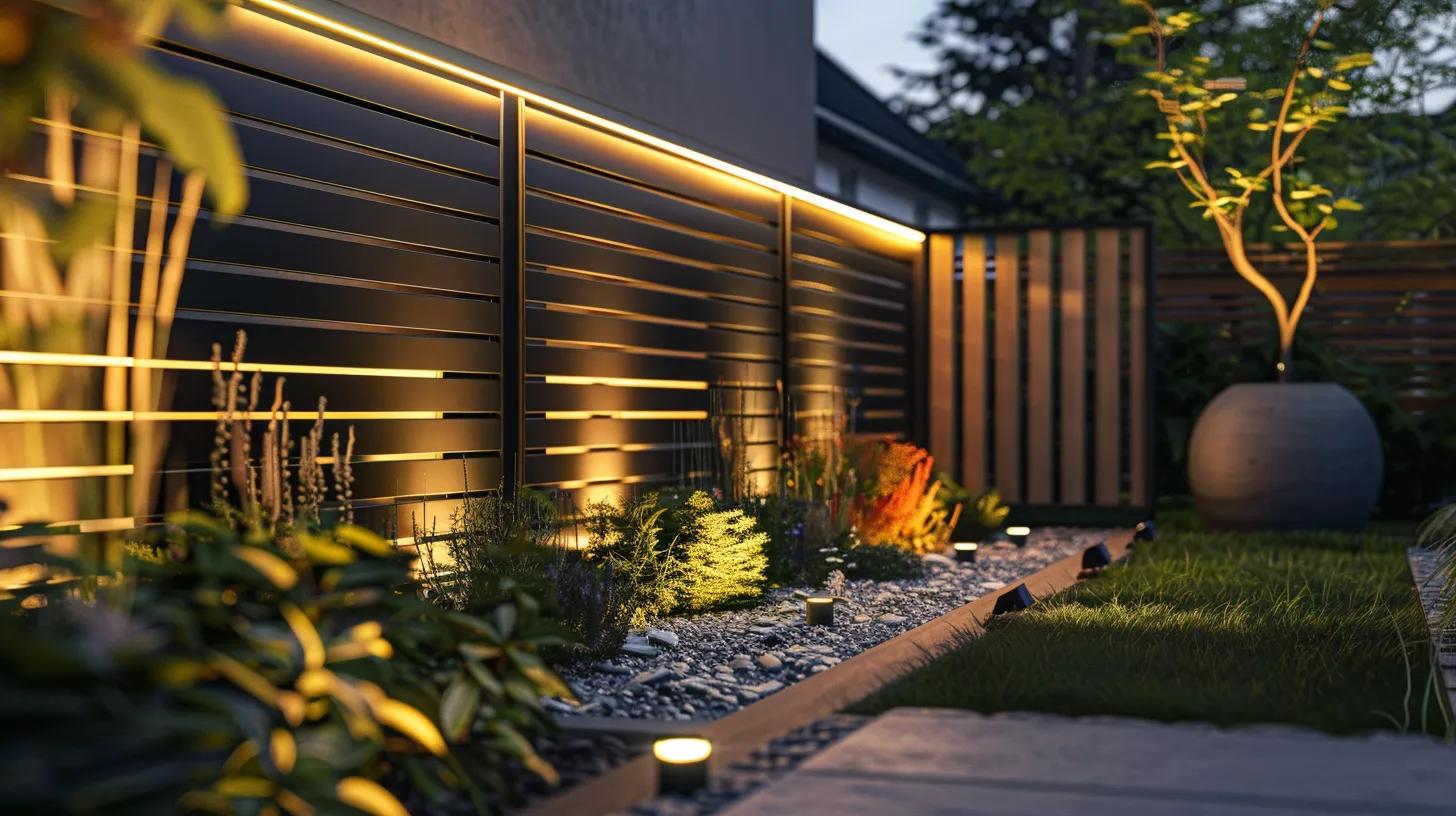 a modern urban backyard features a sleek, minimalist fencing design with horizontal slats and integrated smart lighting, accentuating the stylish property boundaries and enhancing both privacy and visual sophistication. a modern urban backyard features a sleek, minimalist fencing design with horizontal slats and integrated smart lighting, accentuating the stylish property boundaries and enhancing both privacy and visual sophistication.