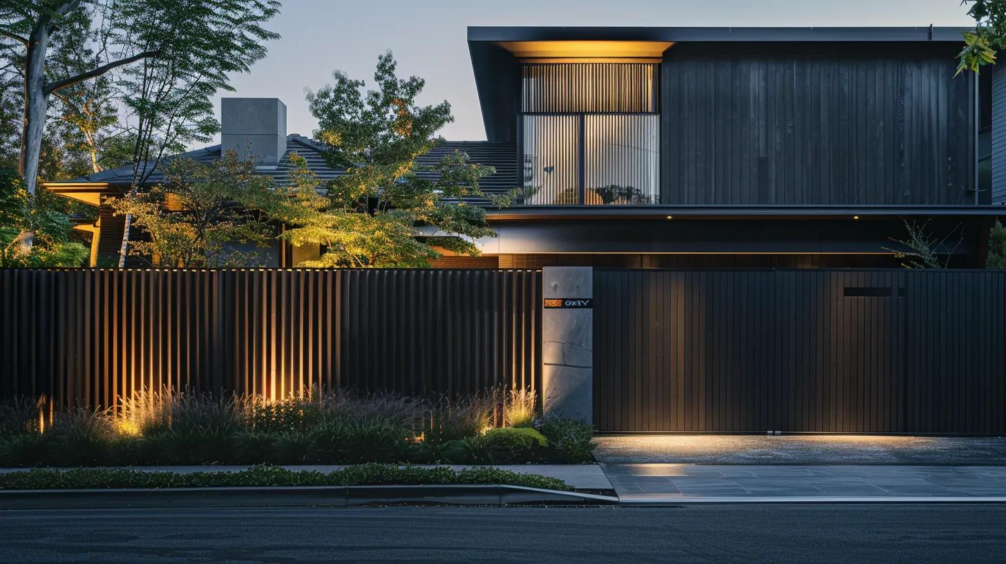 a sleek, contemporary residential fence, featuring a bold, matte finish and integrated lighting, stands prominently alongside a modern home, highlighting its seamless blend of design and functionality against an urban backdrop. a sleek, contemporary residential fence, featuring a bold, matte finish and integrated lighting, stands prominently alongside a modern home, highlighting its seamless blend of design and functionality against an urban backdrop.