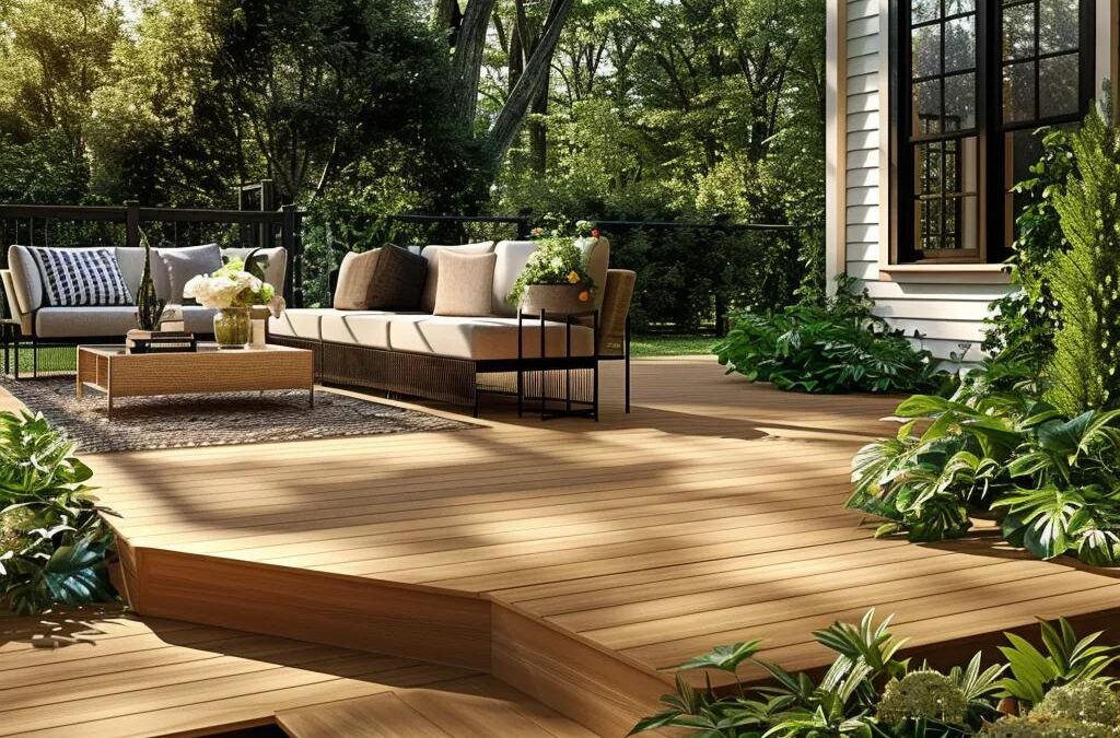 Deckorators composite decking in a serene outdoor setting, highlighting its beauty and maintenance-free features