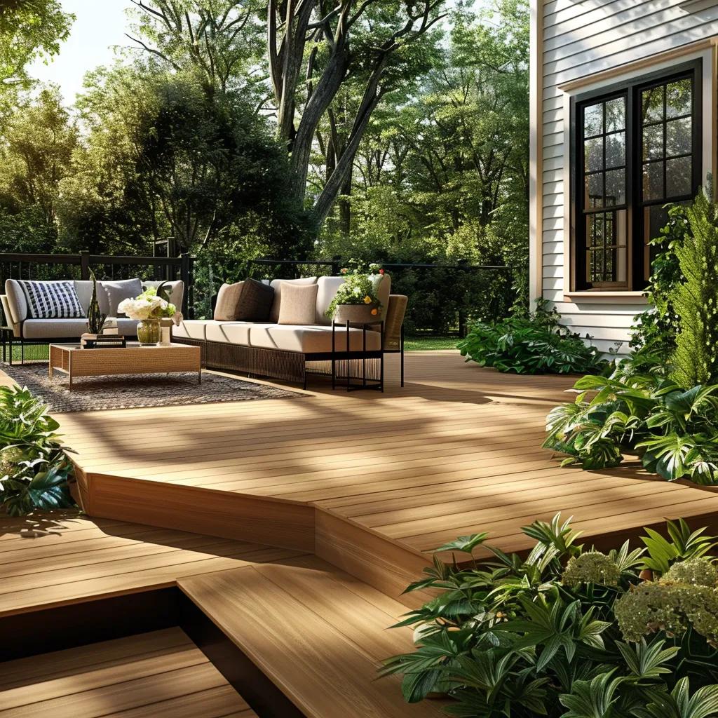 Deckorators composite decking in a serene outdoor setting, highlighting its beauty and maintenance-free features