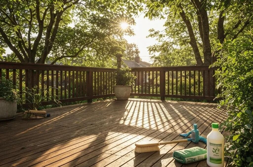 Well-maintained wooden deck in a lush outdoor setting, highlighting deck maintenance and care