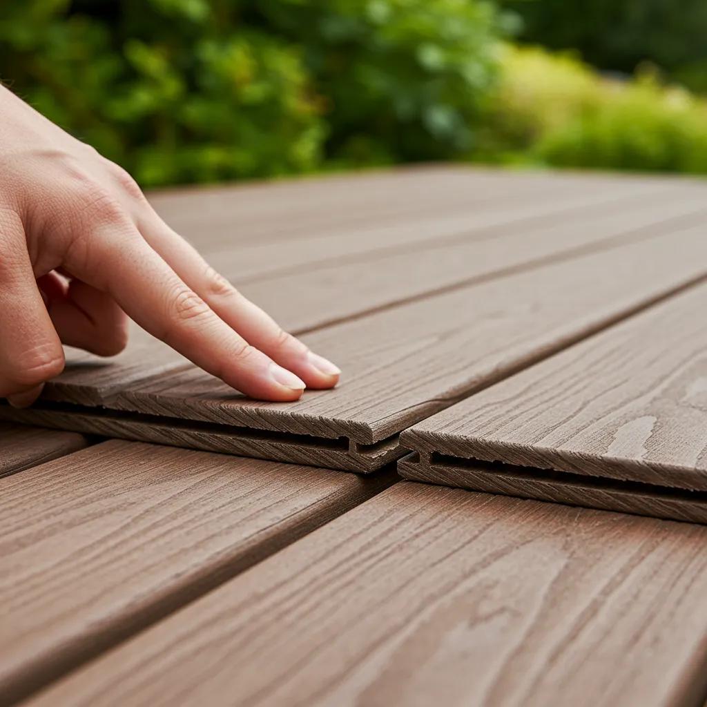 A close-up view of composite decking boards, with a hand gently touching their textured surface in a serene garden
