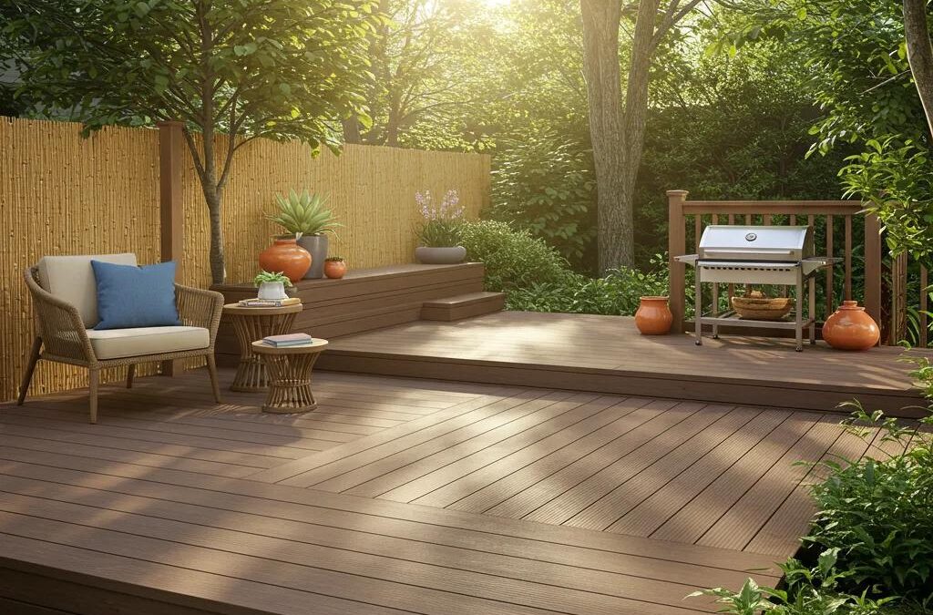 Eco-friendly deck made from composite and bamboo materials in a lush outdoor setting