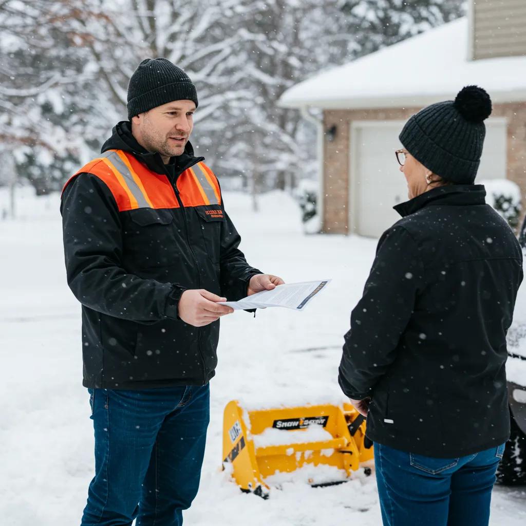 A homeowner discussing snow removal services with a contractor in a snowy driveway, emphasizing service reliability