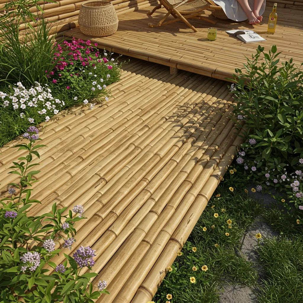 A person relaxing peacefully on a beautiful bamboo deck, surrounded by lush greenery, showcasing its natural charm and sustainable appeal