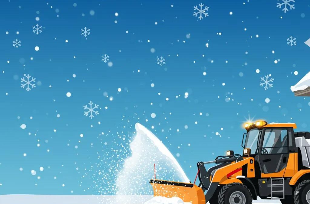 Winter scene of a snow plow clearing a residential driveway, highlighting snow removal services