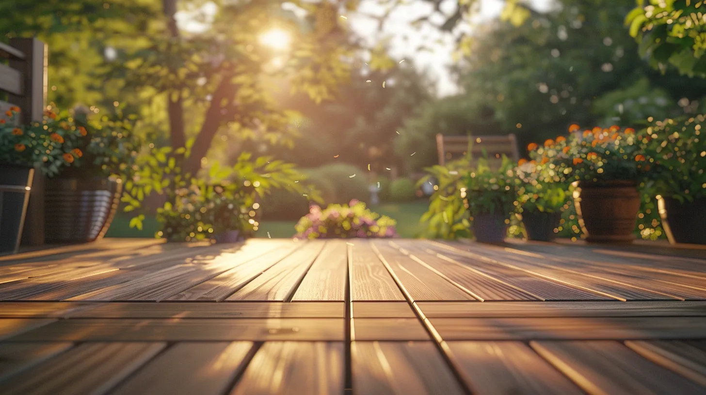 a pristine wooden deck gleams under soft golden hour sunlight, surrounded by vibrant greenery, as thoughtfully arranged customer review scrolls float above, showcasing star ratings and heartfelt comments that emphasize the builders' reliability and expertise.