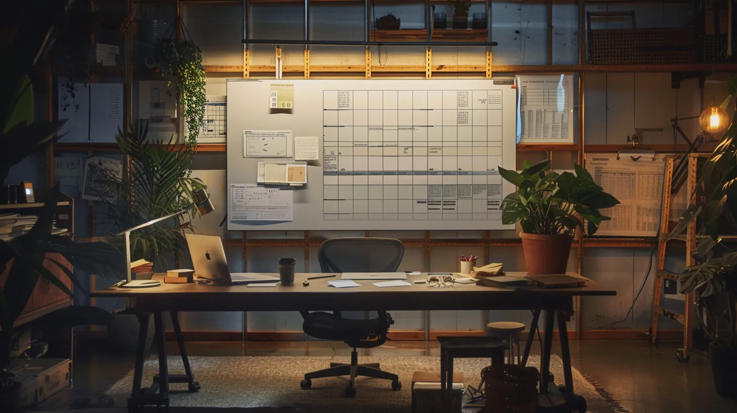 a well-organized deck builder's office, showcasing a clear schedule on a large whiteboard, glowing under warm ambient lighting, with planning tools and project samples neatly arranged, symbolizing reliability and transparency in project management.