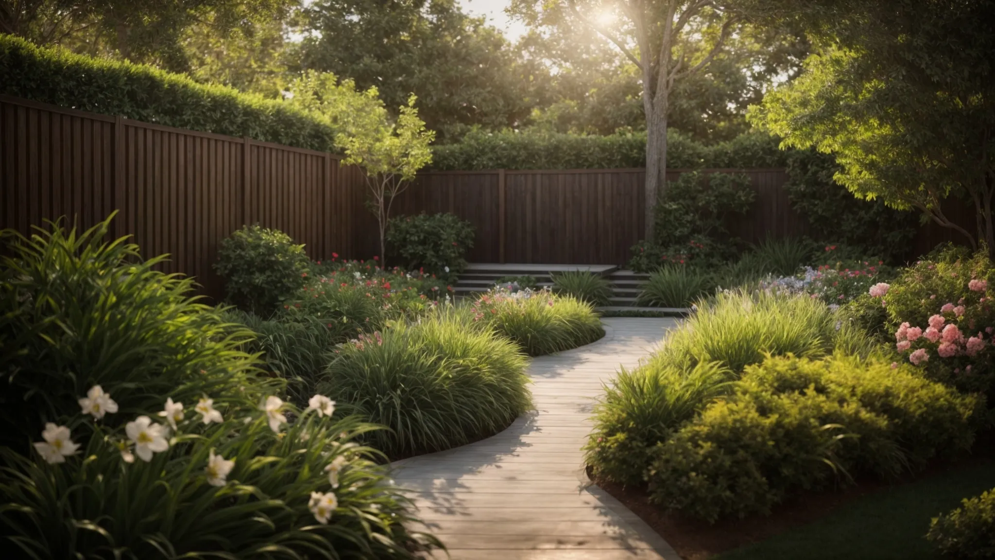 a beautifully landscaped backyard features a tall, solid privacy fence that enhances the serene atmosphere, showcasing vibrant greenery and lush flowers while ensuring security and tranquility for the homeowners.