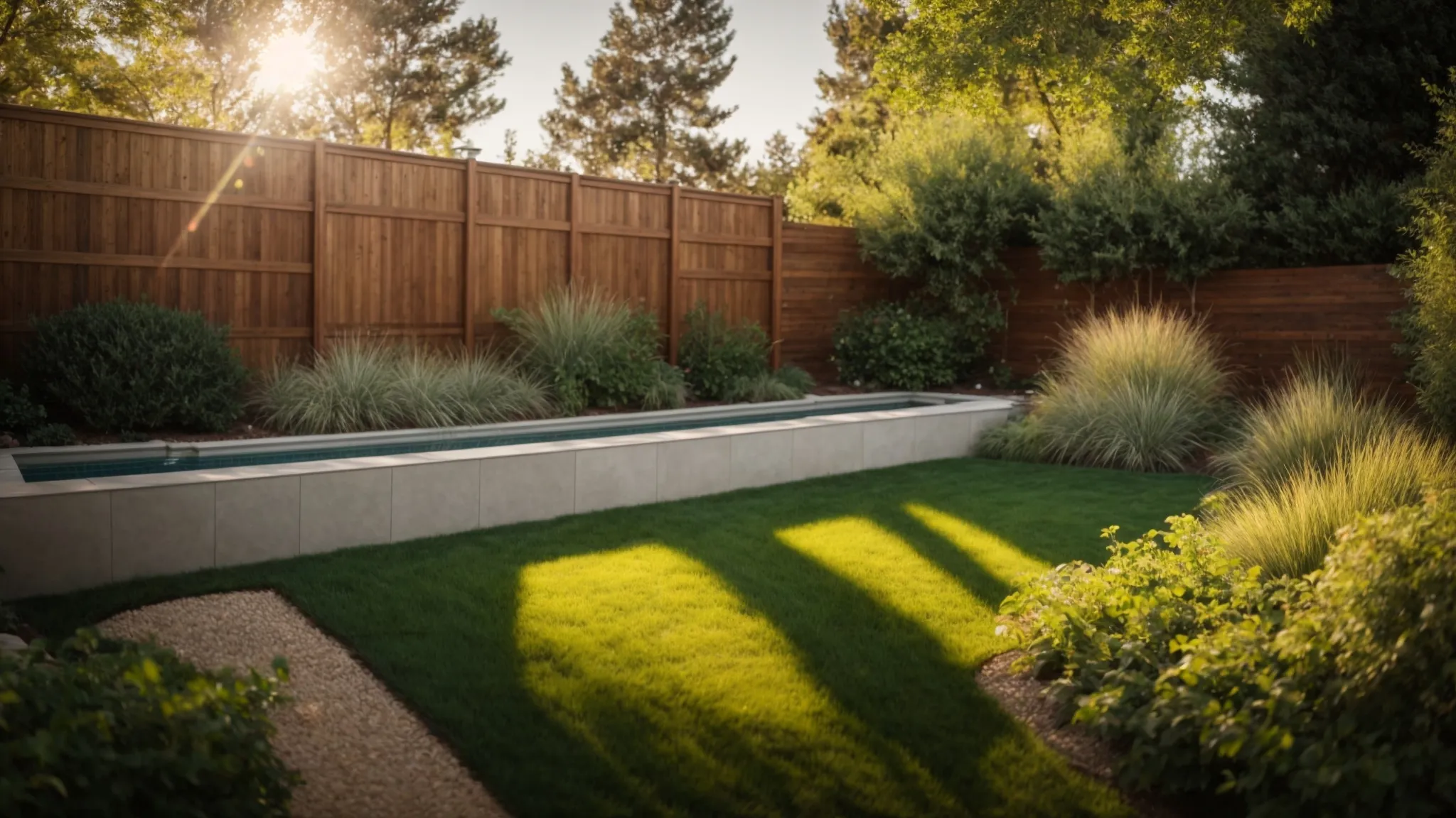 a beautifully landscaped backyard showcases a newly installed, elegant privacy fence, bathed in warm afternoon light, inviting homeowners to envision their serene outdoor retreat.