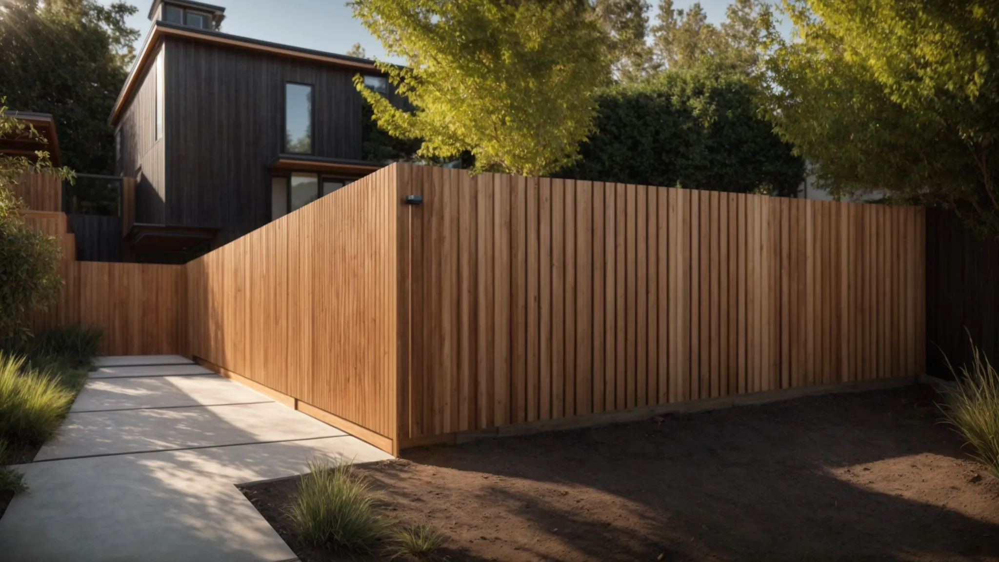 a meticulously constructed wooden fence with high-grade concrete posts stands tall amidst a sunlit backyard, showcasing expert craftsmanship and inviting a sense of enduring privacy and quality.