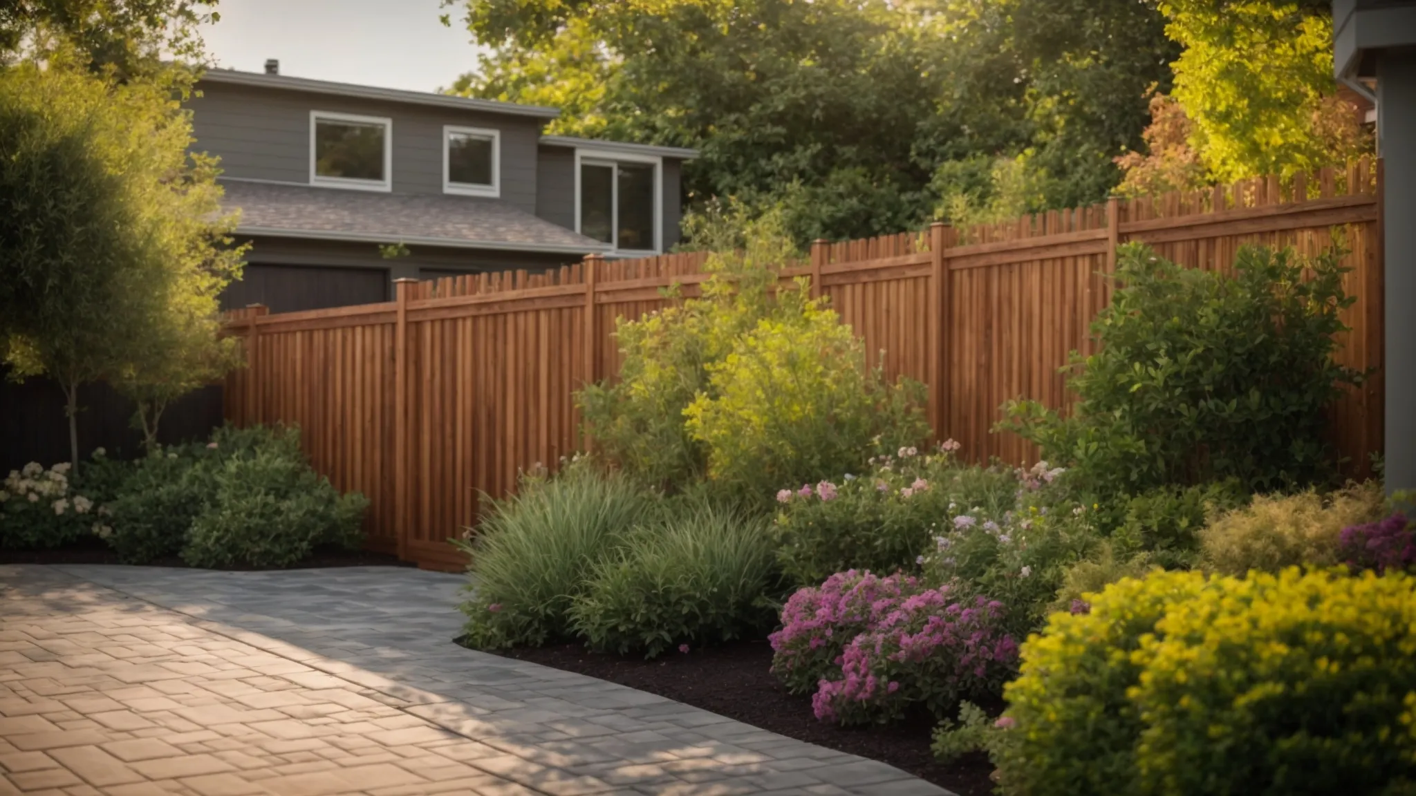 a serene suburban backyard showcases a beautifully designed wooden fence, surrounded by vibrant gardens and a neatly paved driveway, capturing the essence of quality craftsmanship and thoughtful landscaping.
