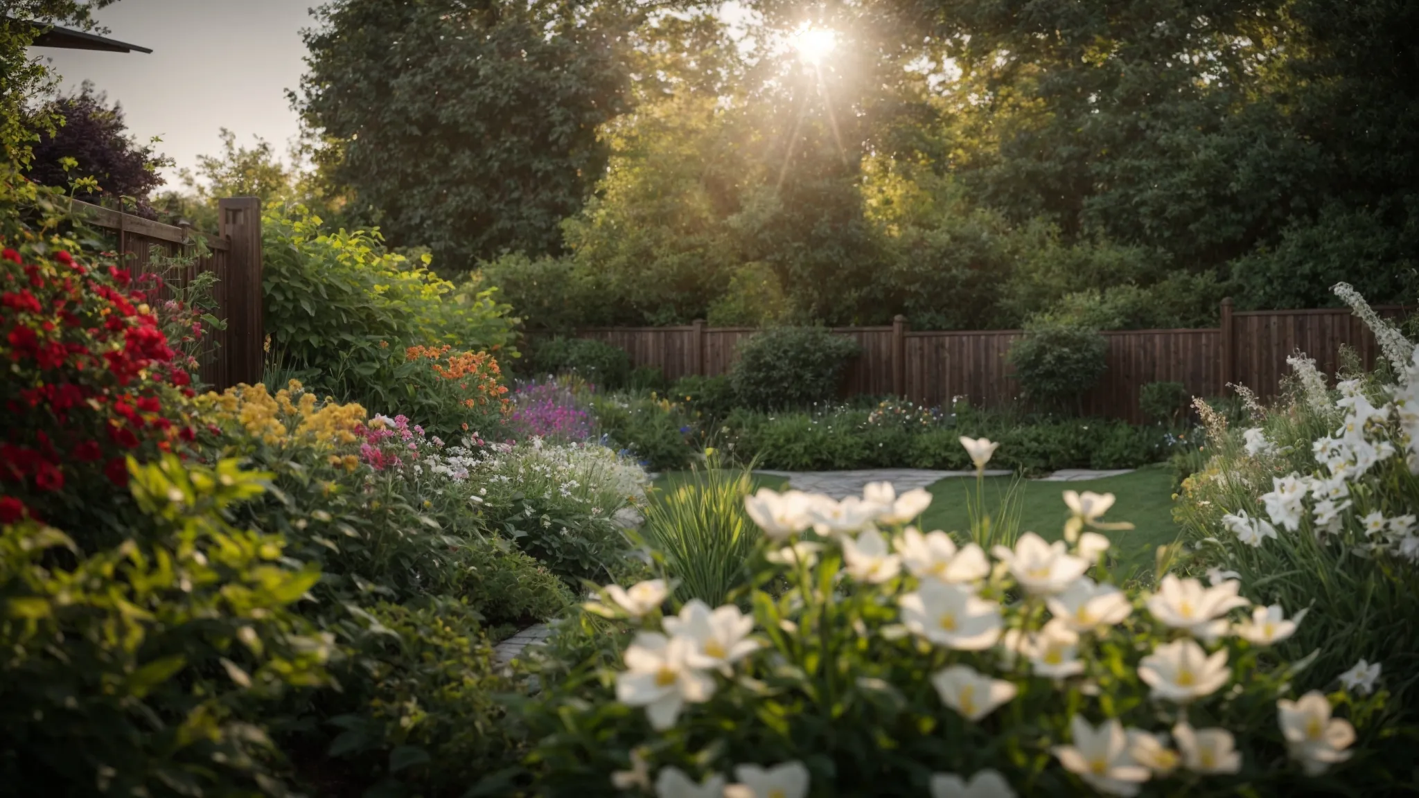 a vibrant garden showcases a variety of privacy fences, including a rustic wood fence with natural textures, a sleek, white vinyl fence gleaming in the sunlight, and a modern composite fence, all set against a backdrop of lush greenery and blooming flowers.