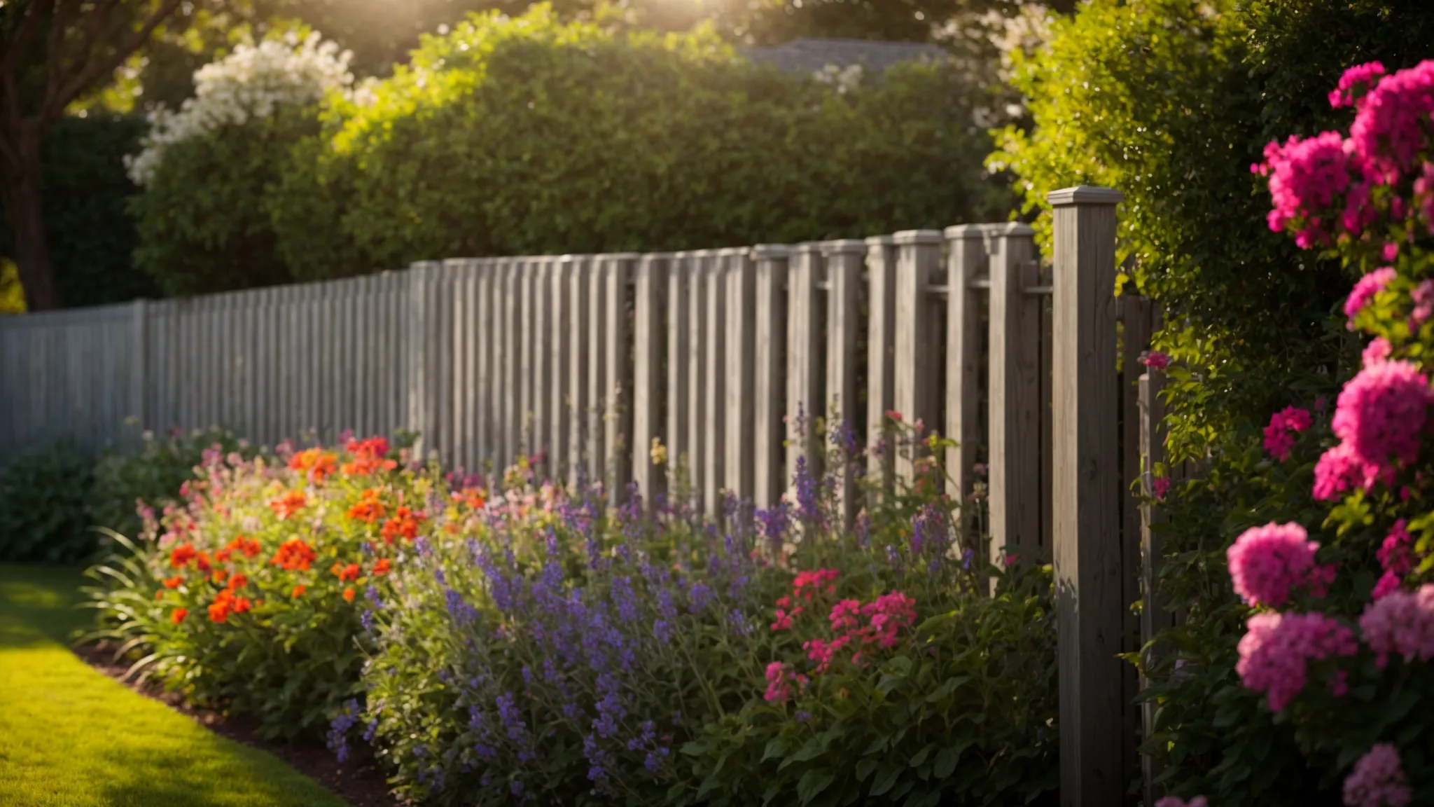 an elegant privacy fence, beautifully painted and expertly installed, stands proudly in a sunlit garden, surrounded by vibrant flora, reflecting the satisfaction of delighted clients.