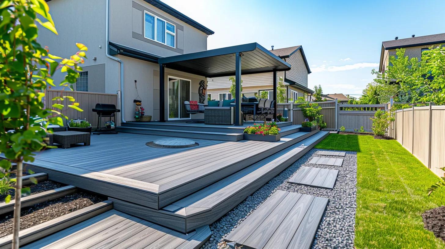 a sleek, modern composite deck in a stylish urban backyard setting, showcasing its diverse colour palette, textures, and slip-resistant surfaces, under a clear blue sky, enhancing the home’s exterior and exemplifying low-maintenance living. a sleek, modern composite deck in a stylish urban backyard setting, showcasing its diverse colour palette, textures, and slip-resistant surfaces, under a clear blue sky, enhancing the home’s exterior and exemplifying low-maintenance living.