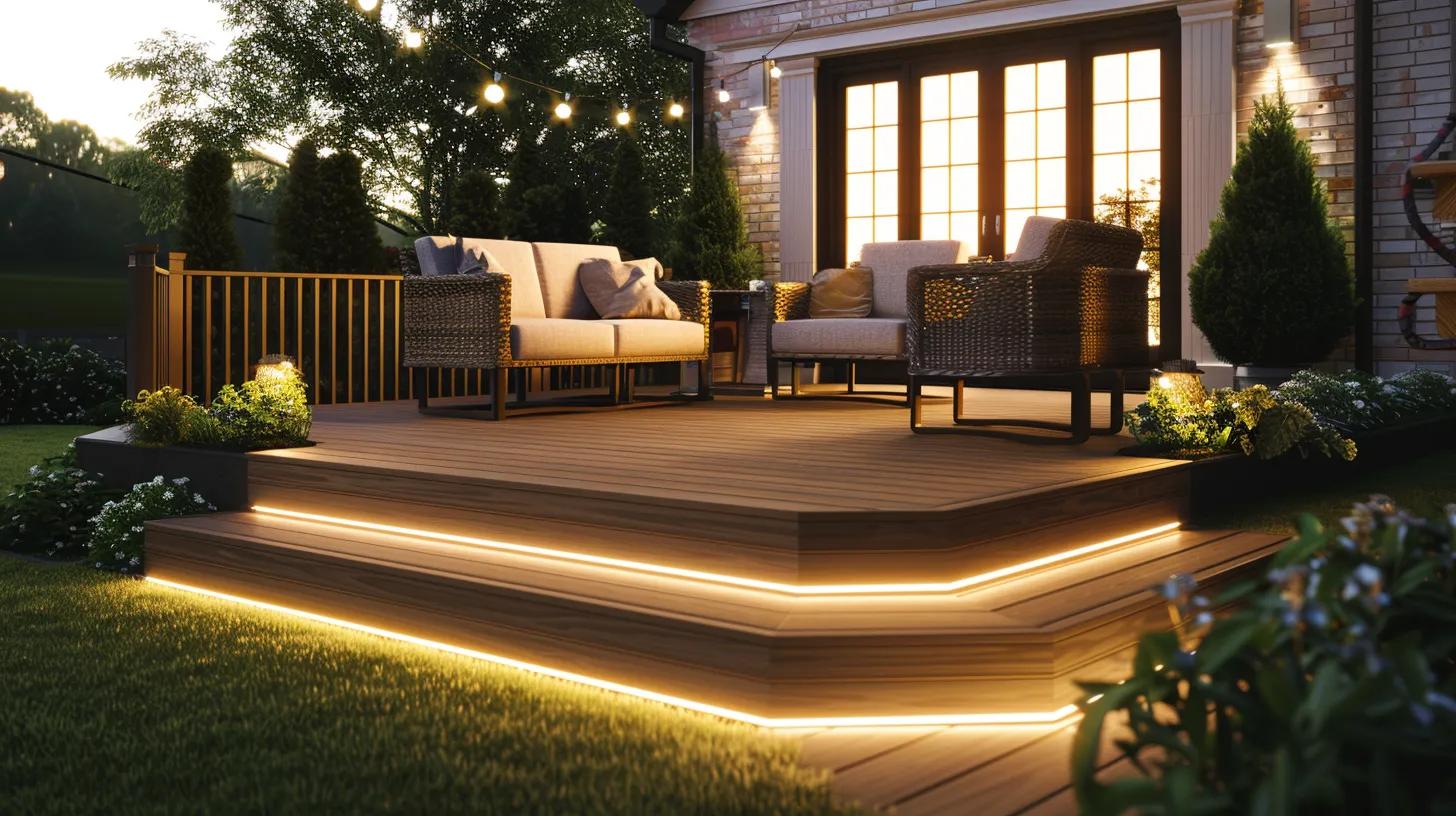 a smartly designed urban backyard showcases a sleek composite decking installation from a prominent brand, elegantly blending modern aesthetics with practical outdoor living elements against a stylishly lit evening backdrop. a smartly designed urban backyard showcases a sleek composite decking installation from a prominent brand, elegantly blending modern aesthetics with practical outdoor living elements against a stylishly lit evening backdrop.