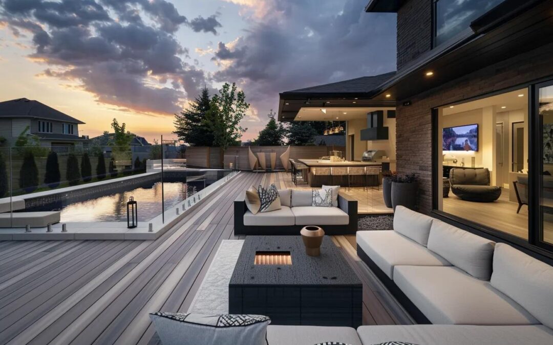 a modern outdoor living space showcases a stunning array of composite decking options, featuring sleek designs and bold colours that reflect the stylish choices available to richmond hill homeowners.