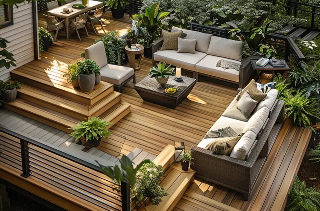 Stunning Trex deck in an outdoor living space with furniture and greenery