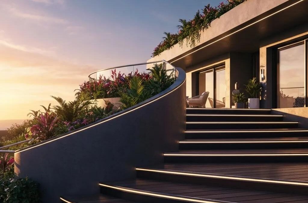 Elegant deck stairs showcasing modern design and natural materials in a lush outdoor setting
