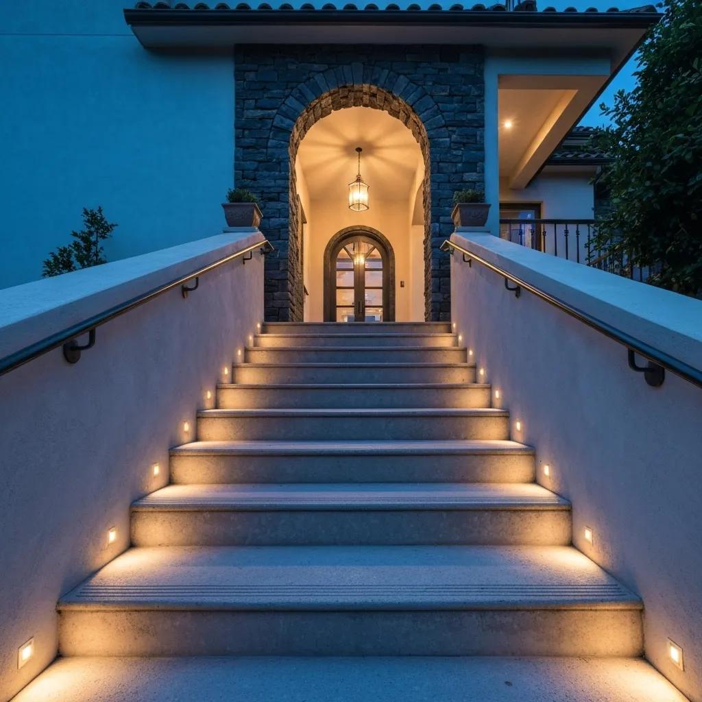Deck stairs enhanced with integrated LED lighting, boosting both elegance and safety in an outdoor setting.