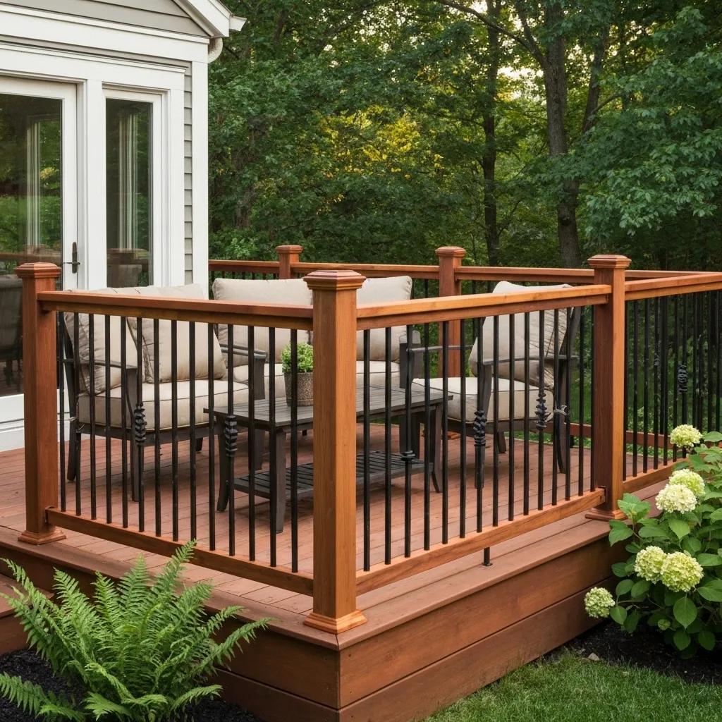 Combination of wood and metal railings on a cozy outdoor deck