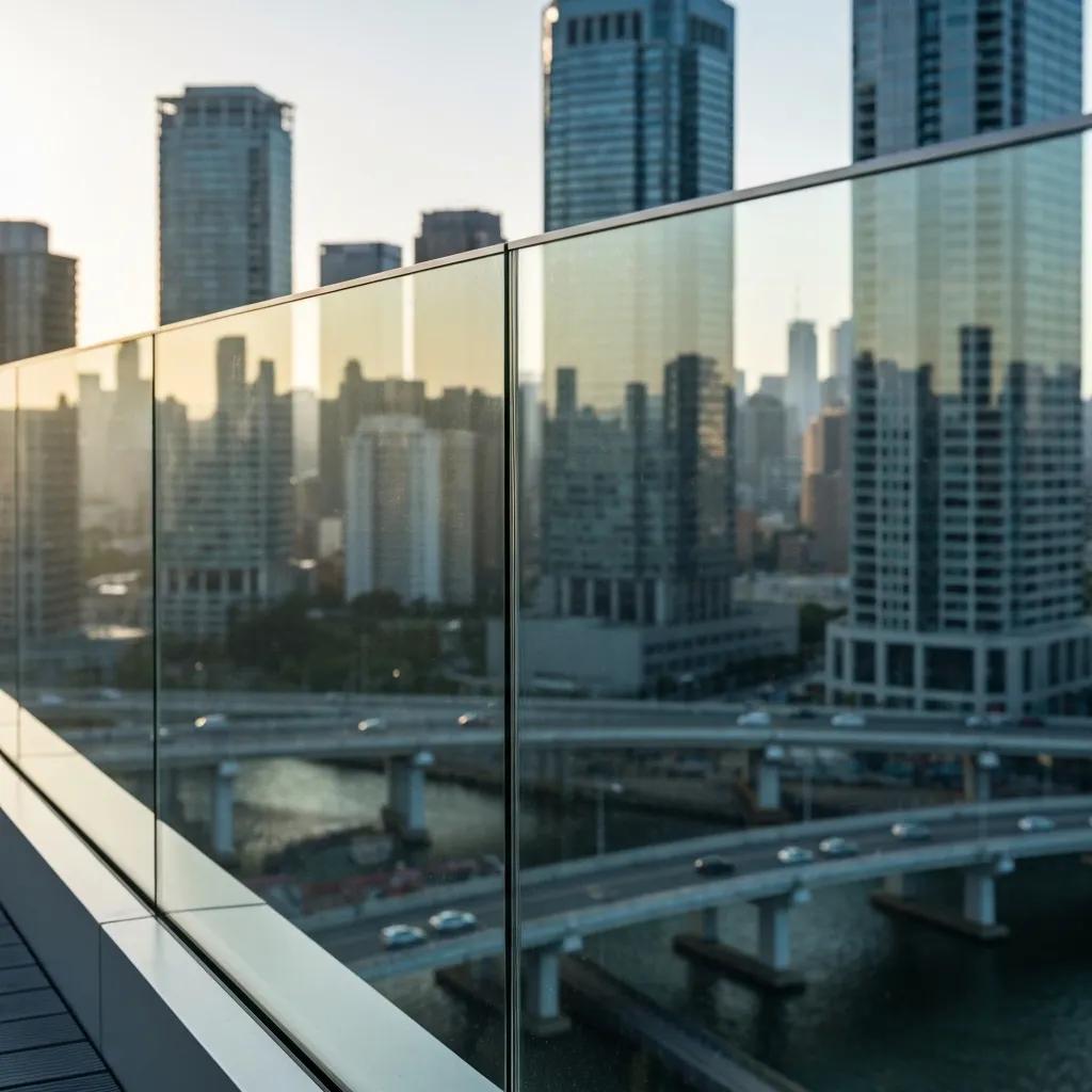 Frameless glass deck railing showcasing clear views of a scenic landscape