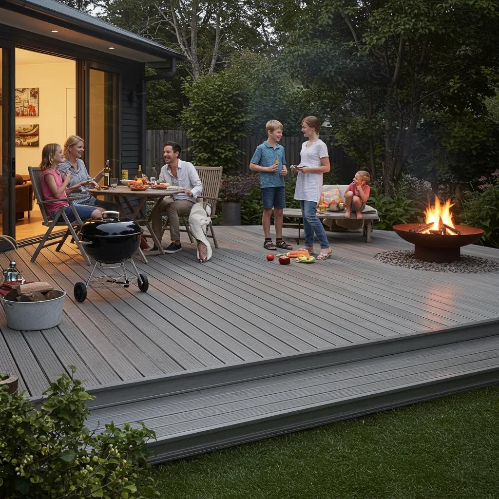 Family enjoying a barbecue on a safe aluminium deck with a fire pit