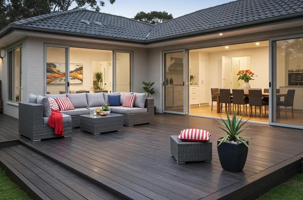 Modern home with a stylish aluminium deck surrounded by greenery