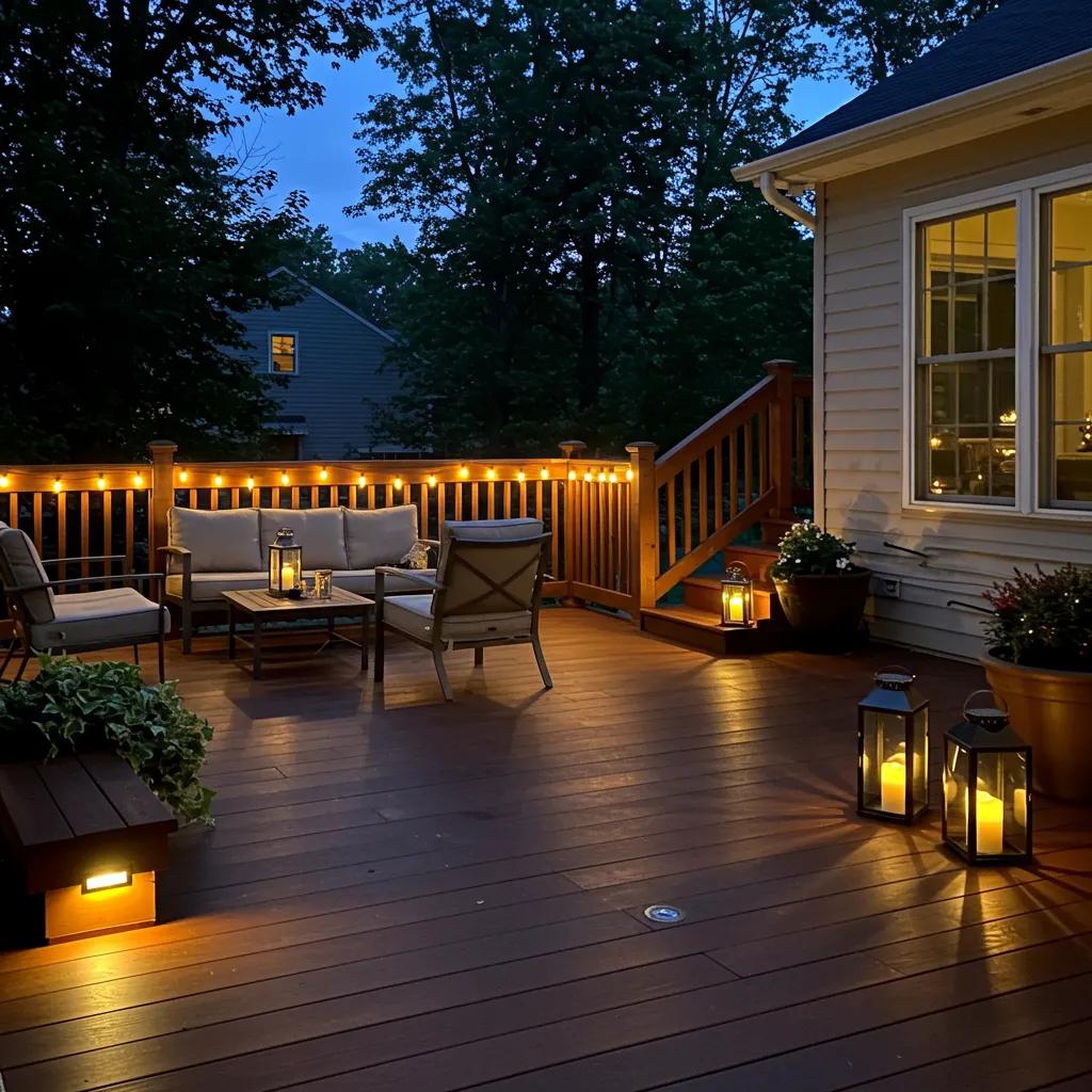 Beautifully lit outdoor deck at dusk showcasing various outdoor lighting types for ambiance and safety