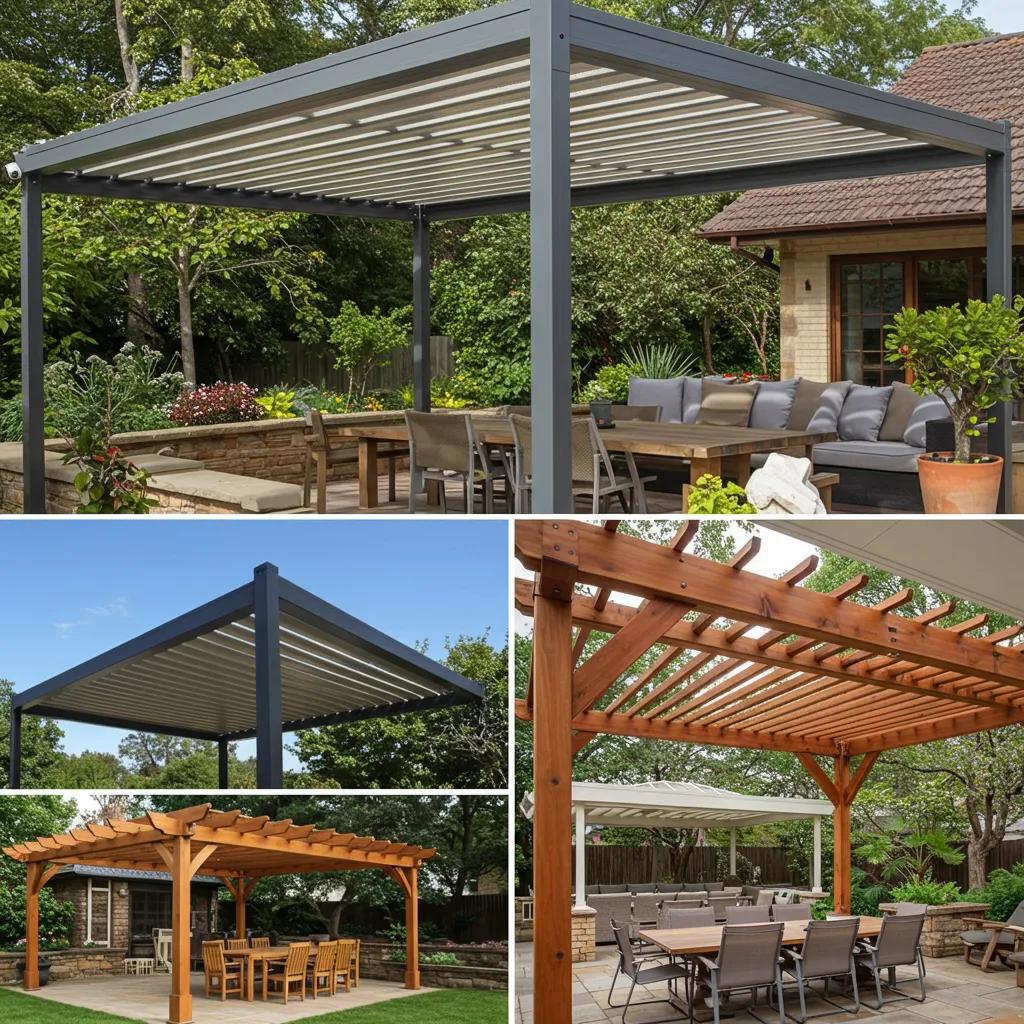 Collage of modern and traditional pergola designs showcasing diverse styles and materials