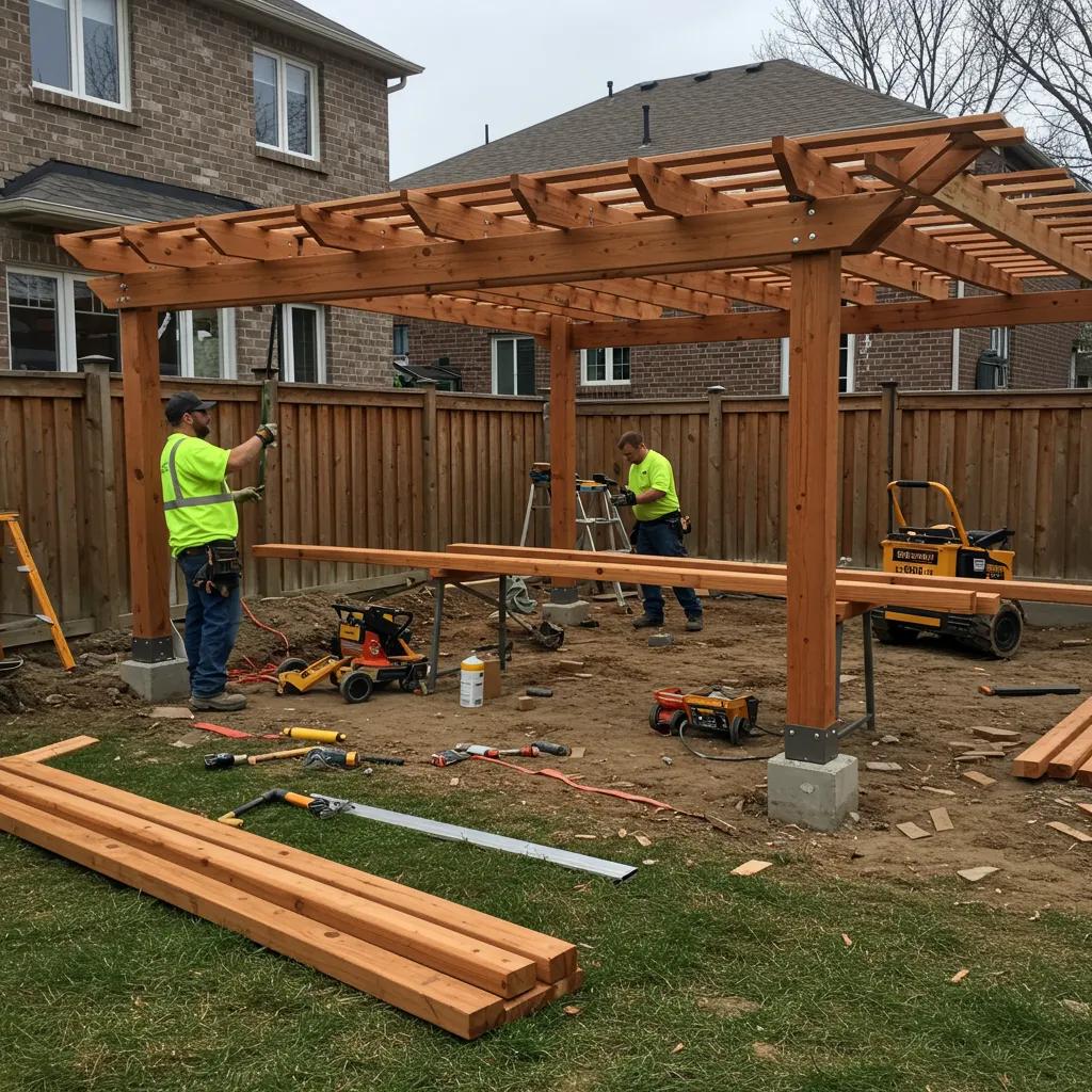 Construction scene of pergola installation highlighting materials and labor in a residential setting
