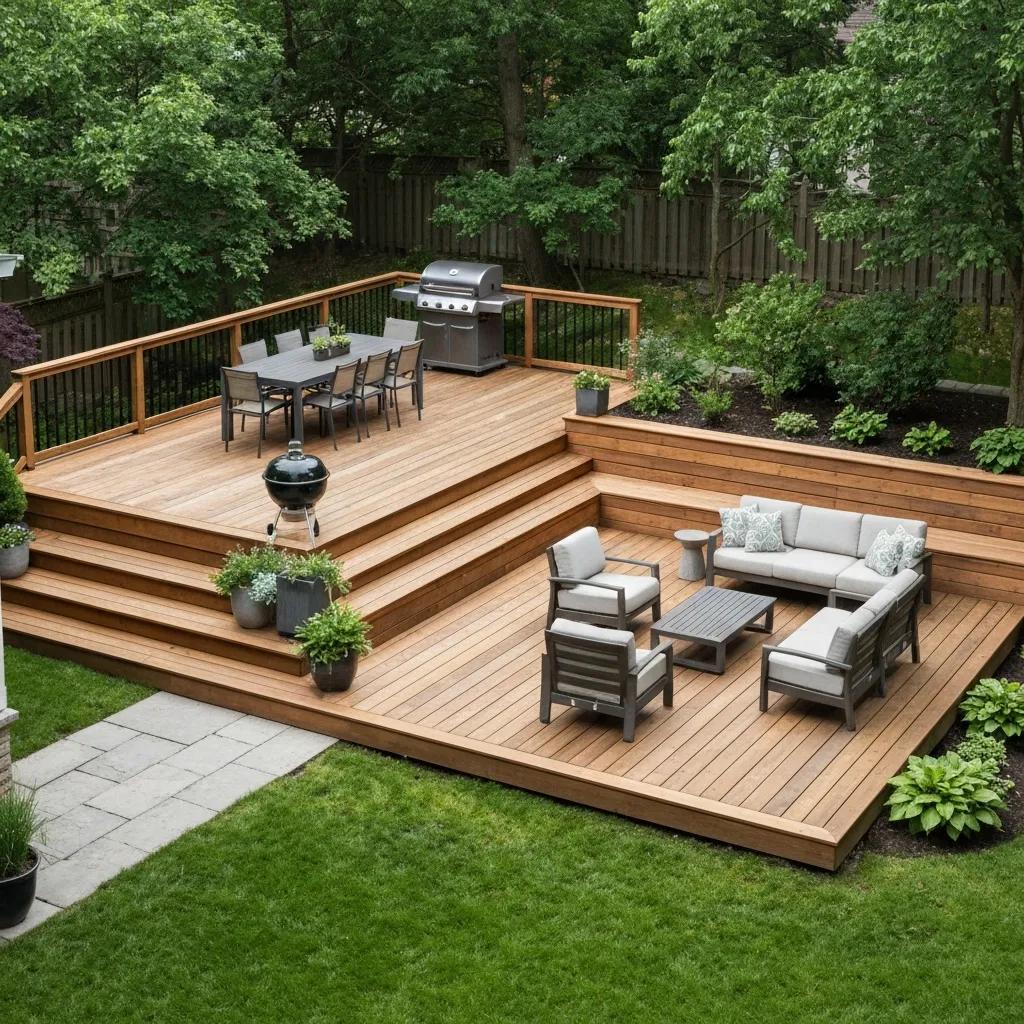 Multi-level deck in Richmond Hill showing distinct entertaining zones