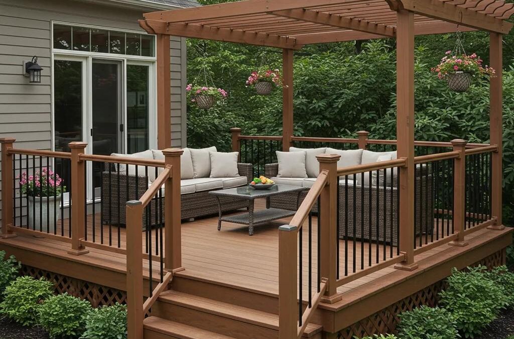 Stylish outdoor deck in Richmond Hill featuring a pergola, elegant railings, and comfortable furniture